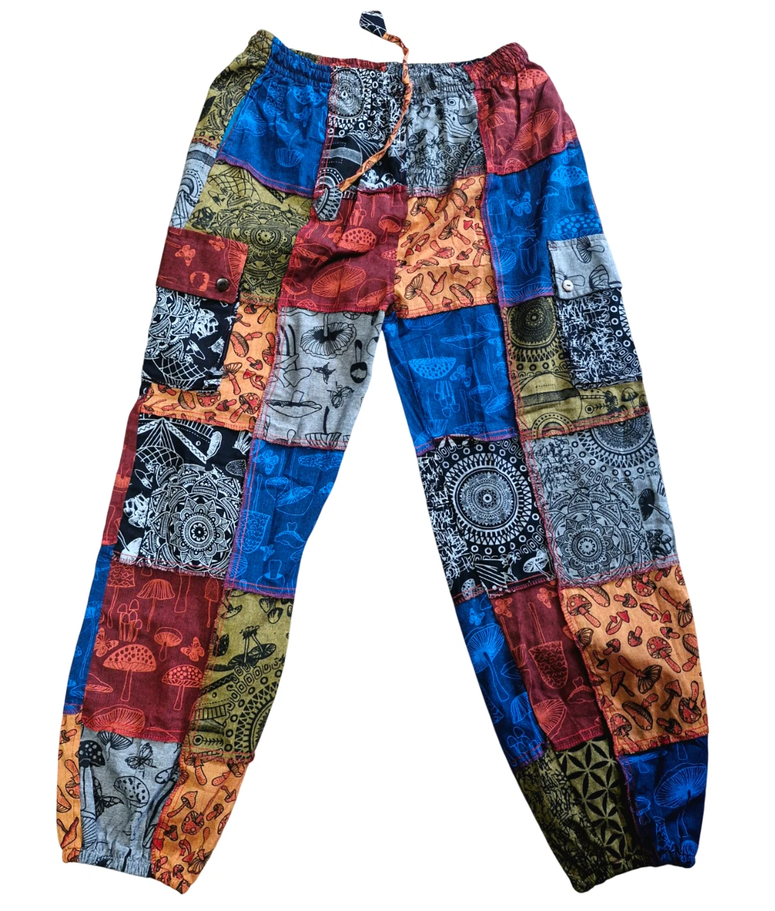 mushroom patch trousers mushroom patchwork cotton trousers fairtrade hippy festival fashion