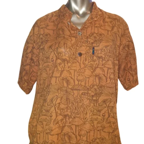 Gringo Mushroom Print Orange Short Sleeve Hippy Shirt Fairtrade Boho Festival Gringo Mushroom Print Orange Hippy Shirt