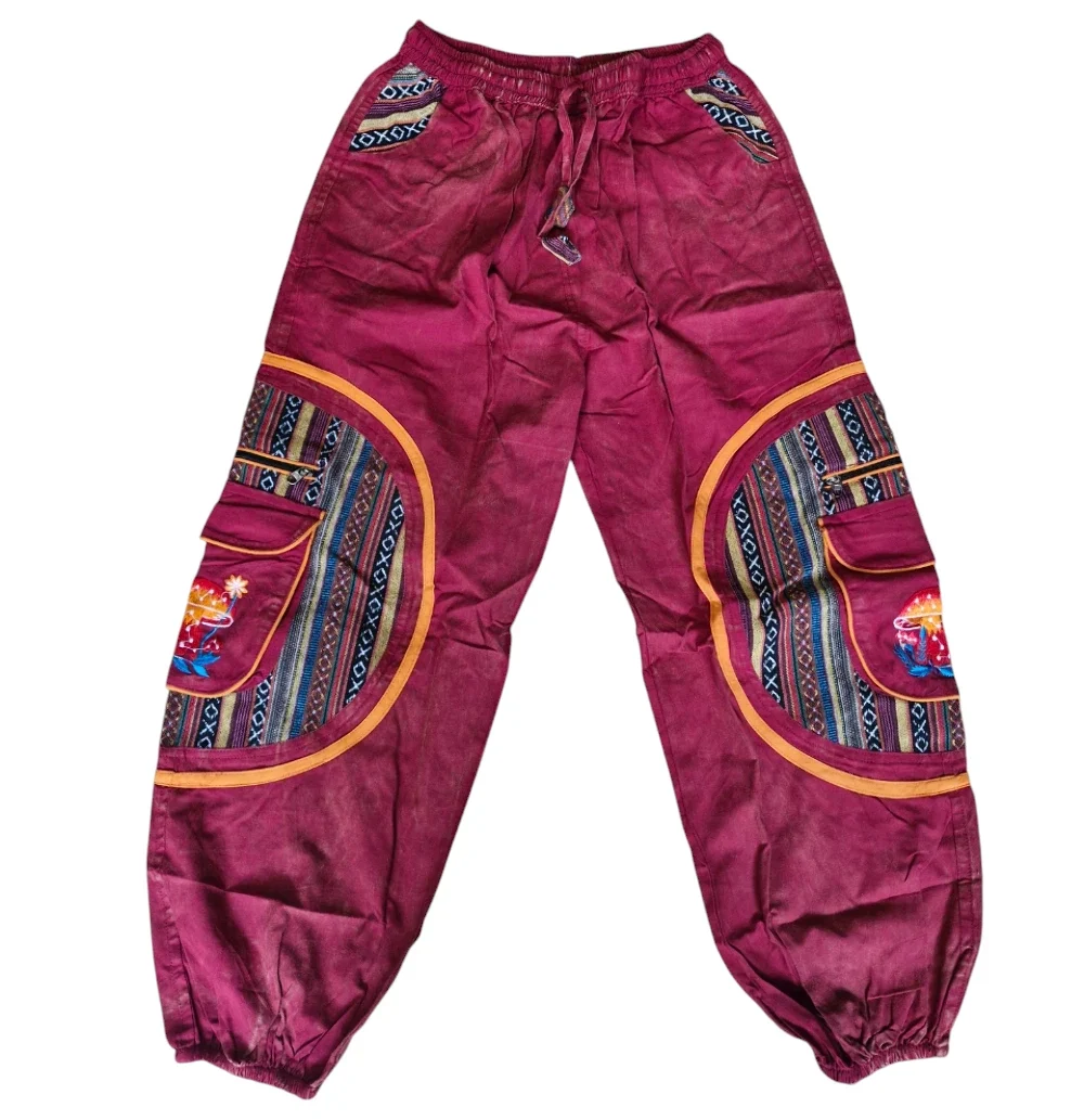 aztec patch mushroom trousers Mushroom Embroidery Parachute Cargo Trousers