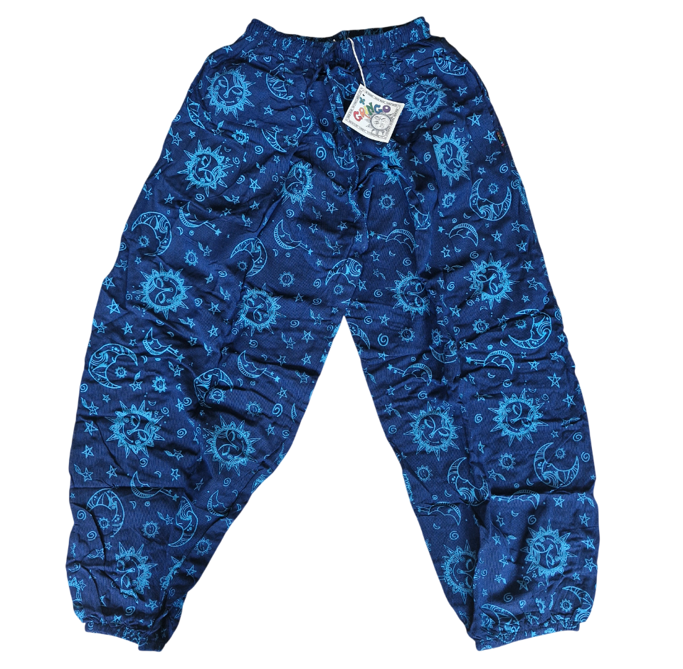 blue GRINGO fairtrade HIPPY festival CELESTIAL sun MOON stars HAREM pants TROUSERS