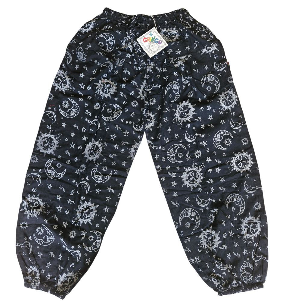 black GRINGO fairtrade HIPPY festival CELESTIAL sun MOON stars HAREM pants TROUSERS