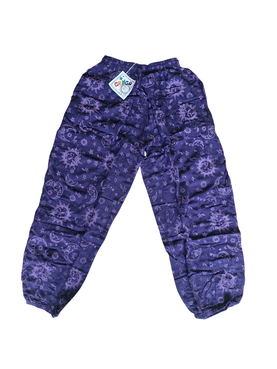 purple GRINGO fairtrade HIPPY festival CELESTIAL sun MOON stars HAREM pants TROUSERS