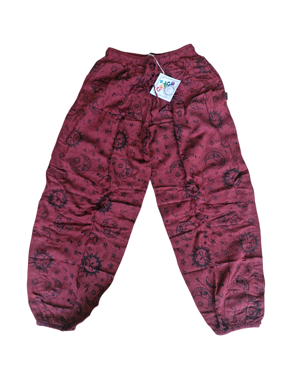 red GRINGO fairtrade HIPPY festival CELESTIAL sun MOON stars HAREM pants TROUSERS