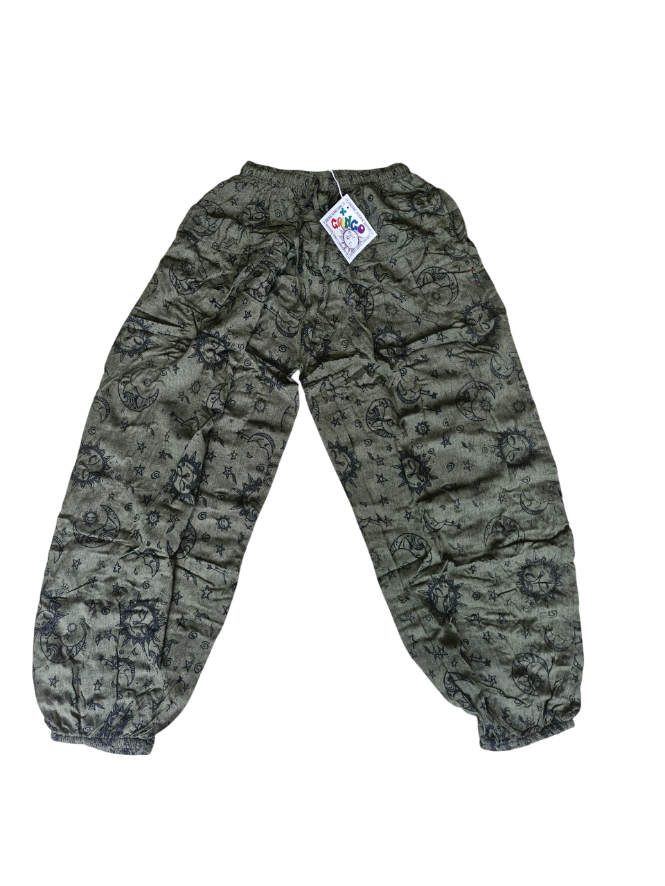 green GRINGO fairtrade HIPPY festival CELESTIAL sun MOON stars HAREM pants TROUSERS