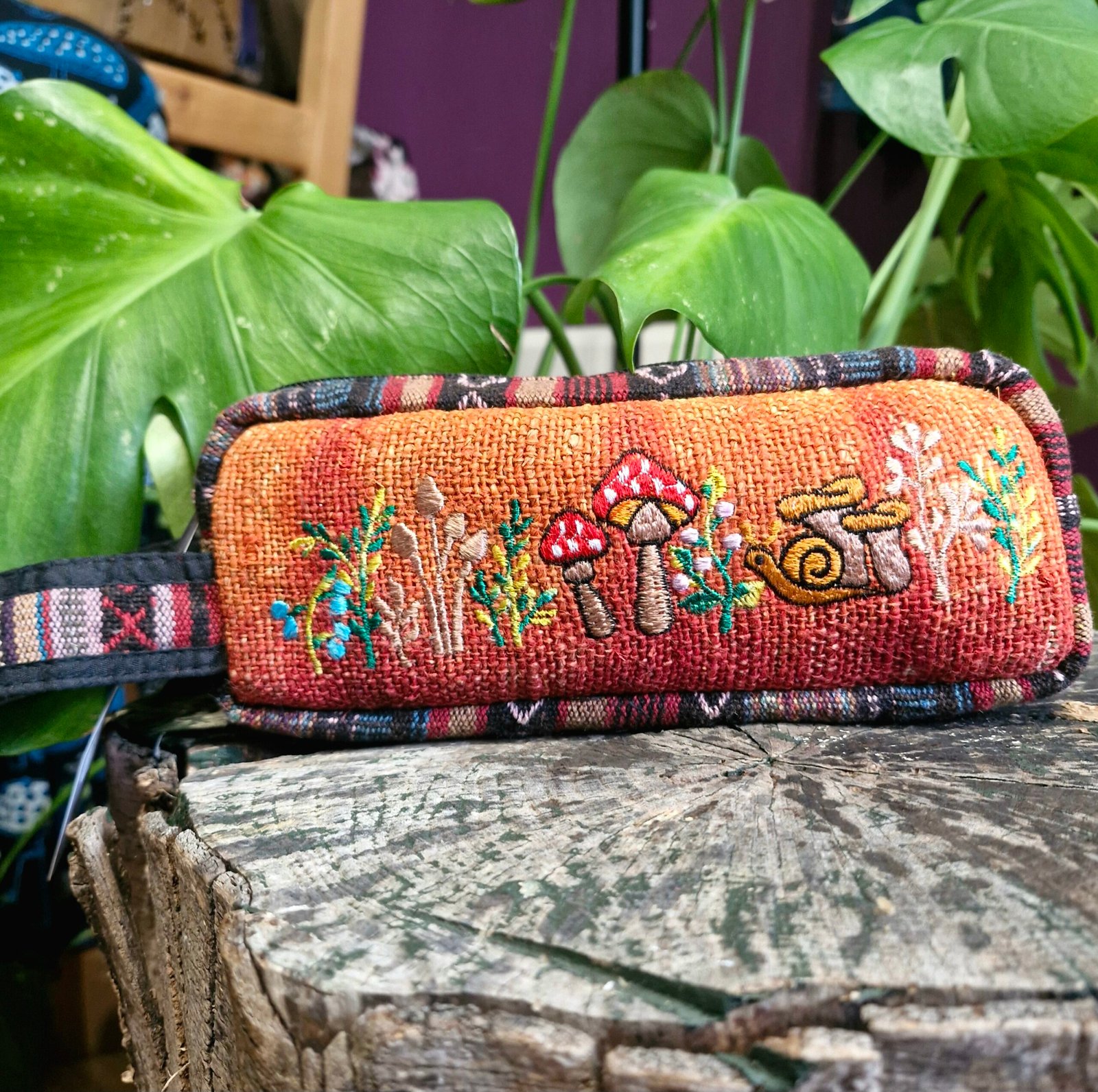 Mushroom & Snail Embroidered Hippy Pencil Case Himalayan Hemp Boho Handmade