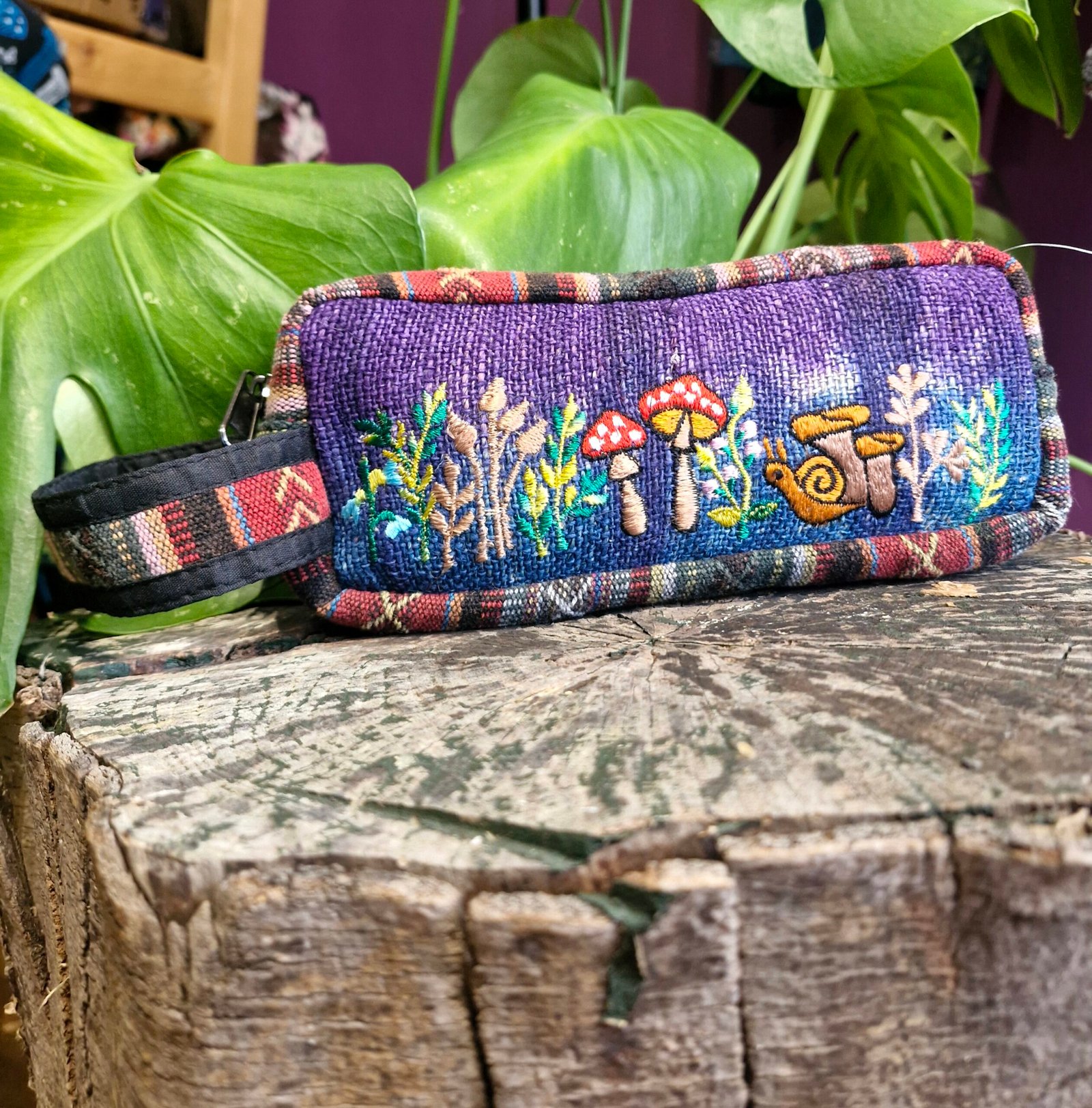 Mushroom & Snail Embroidered Hippy Pencil Case Himalayan Hemp Boho Handmade