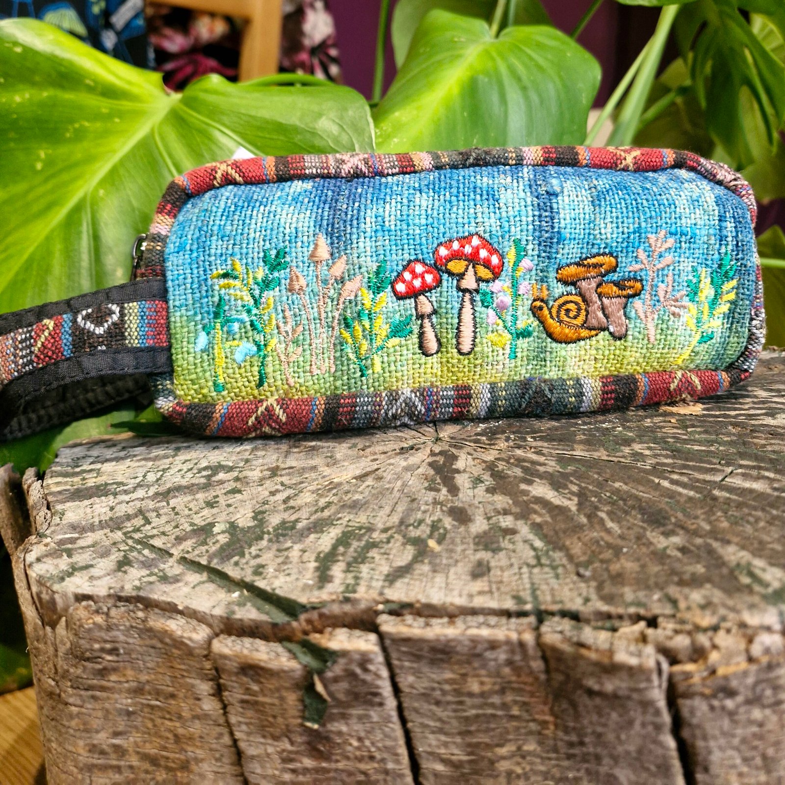 Mushroom & Snail Embroidered Hippy Pencil Case Himalayan Hemp Boho Handmade
