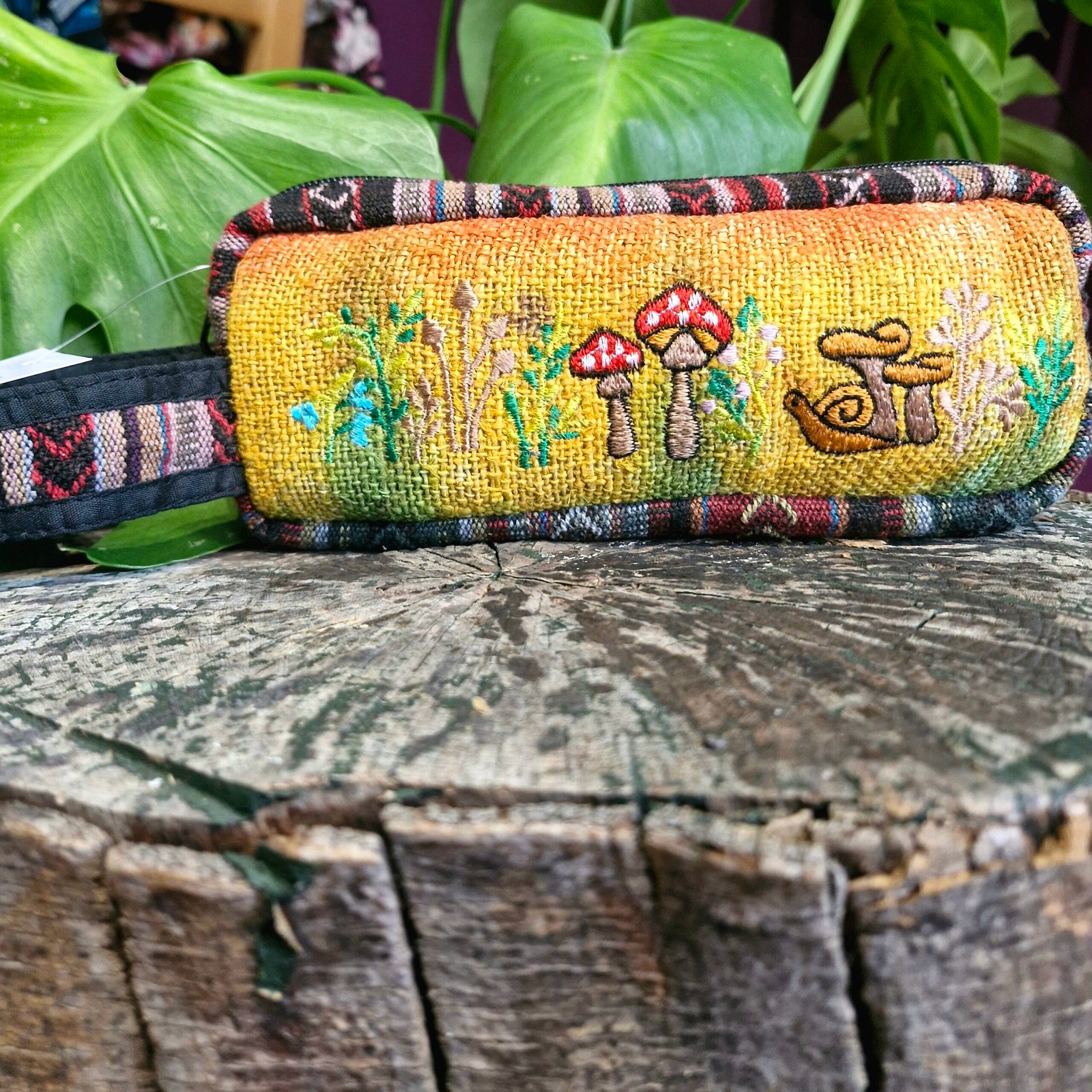 Mushroom & Snail Embroidered Hippy Pencil Case Himalayan Hemp Boho Handmade