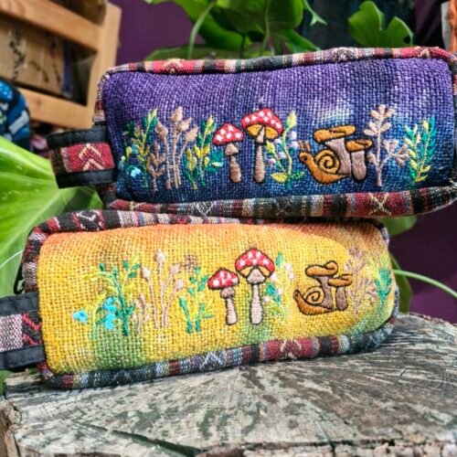 Mushroom & Snail Embroidered Hippy Pencil Case Himalayan Hemp Boho Handmade Snail And Mushroom Hemp Pencil Case