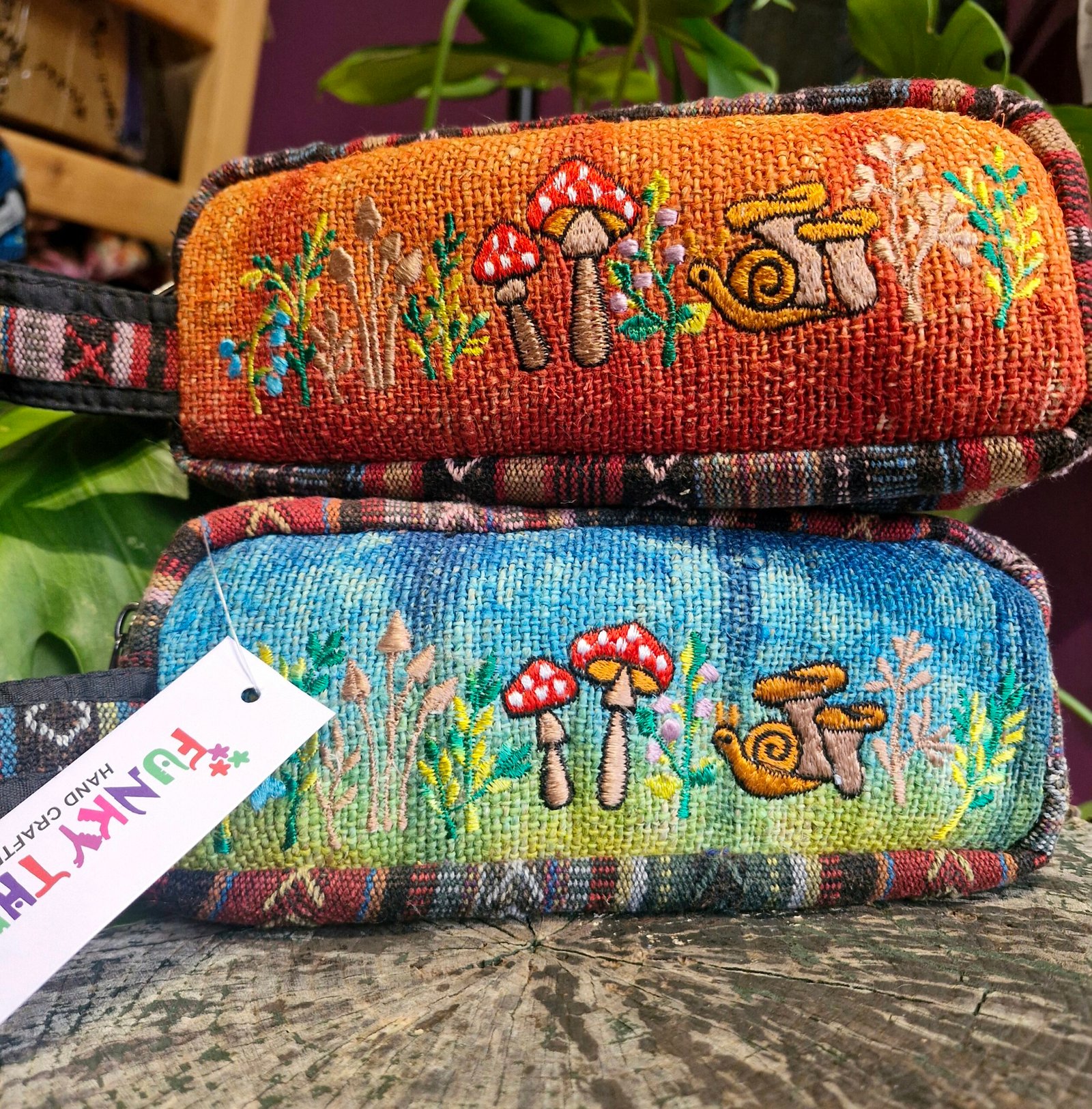 Mushroom & Snail Embroidered Hippy Pencil Case Himalayan Hemp Boho Handmade