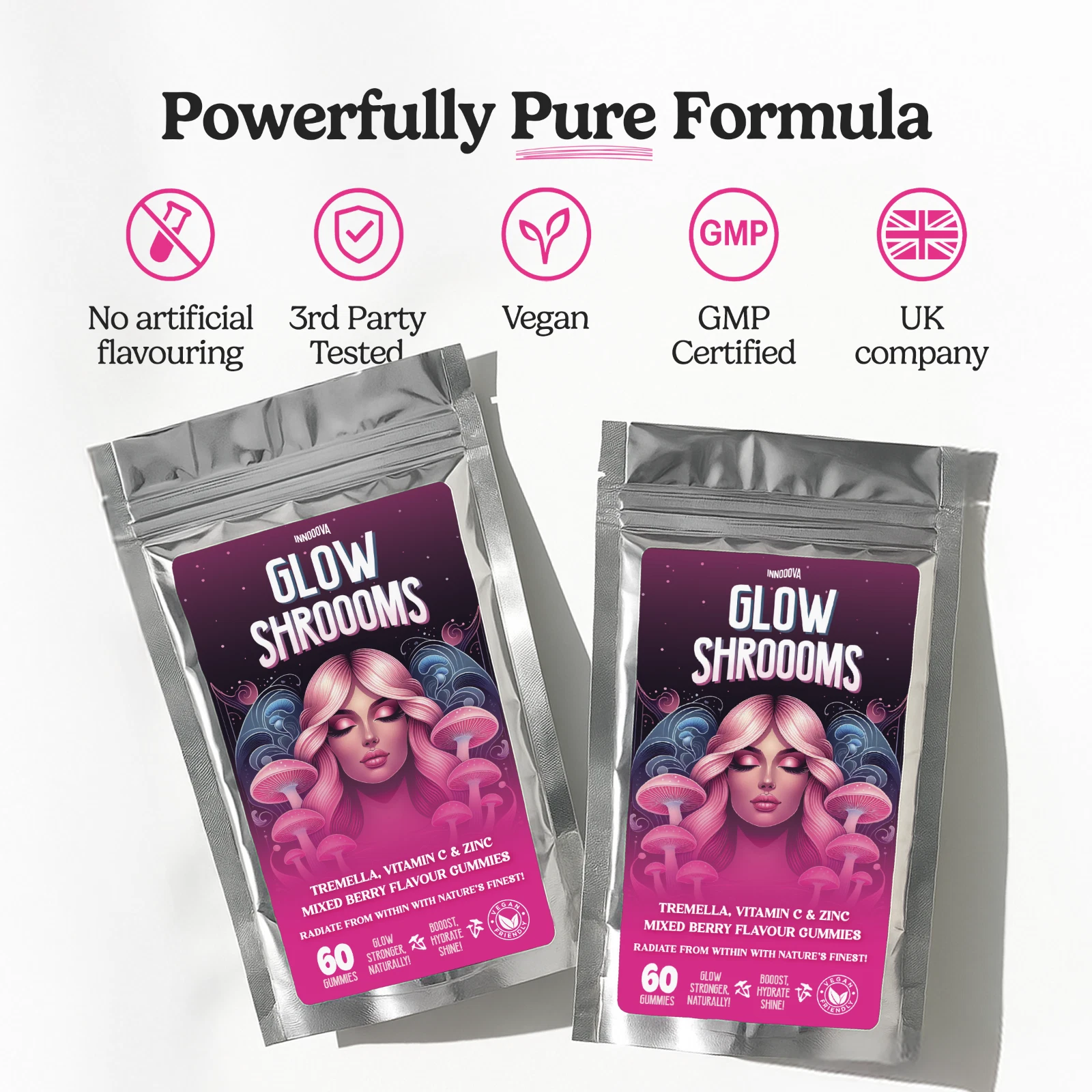 Innooova Glowshroooms tremella Mushroom Gummies for Skin Glow, Hydration & Collagen 60pcs