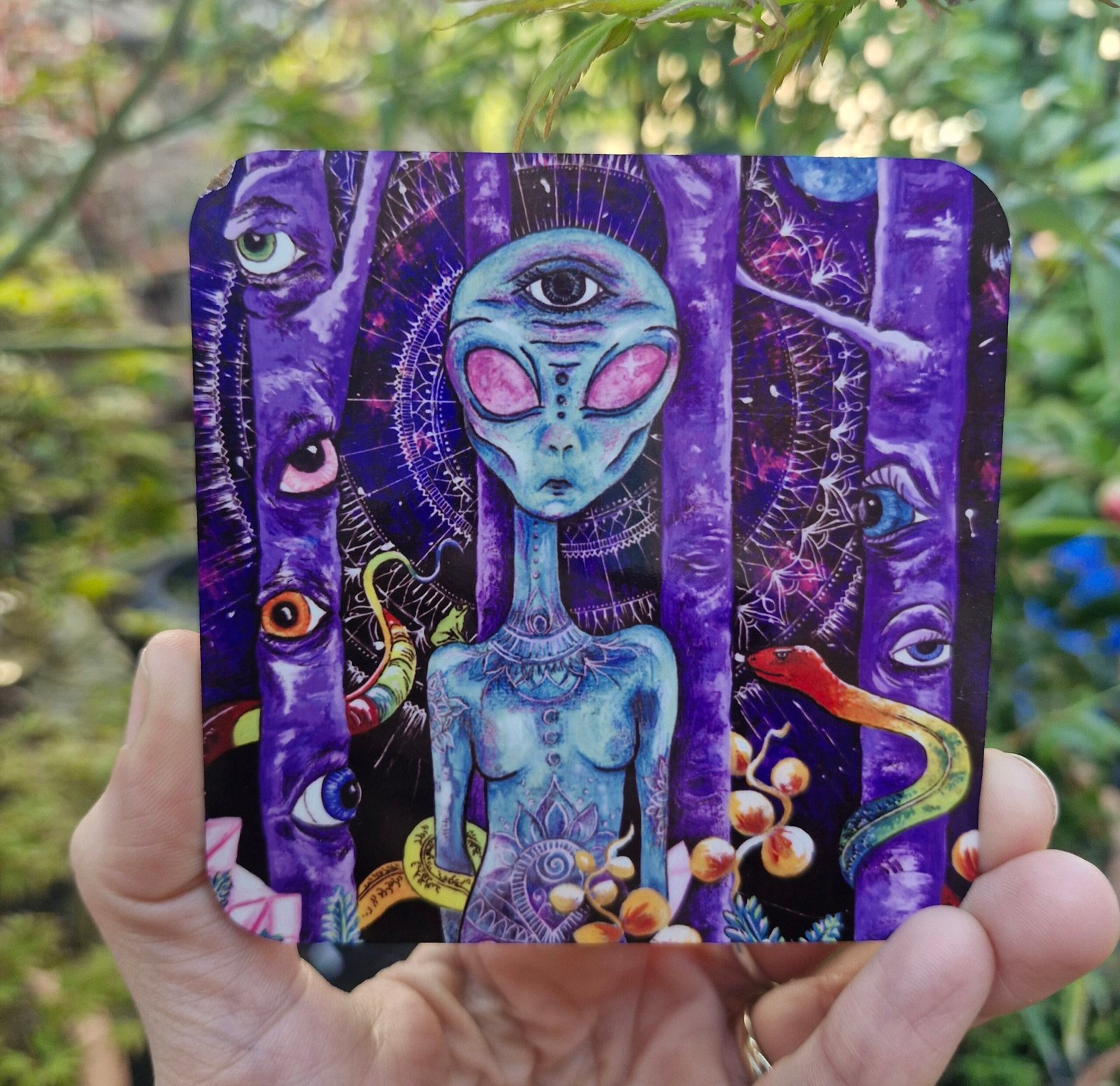 psychedelic alien drinks coaster kelly noble illustration