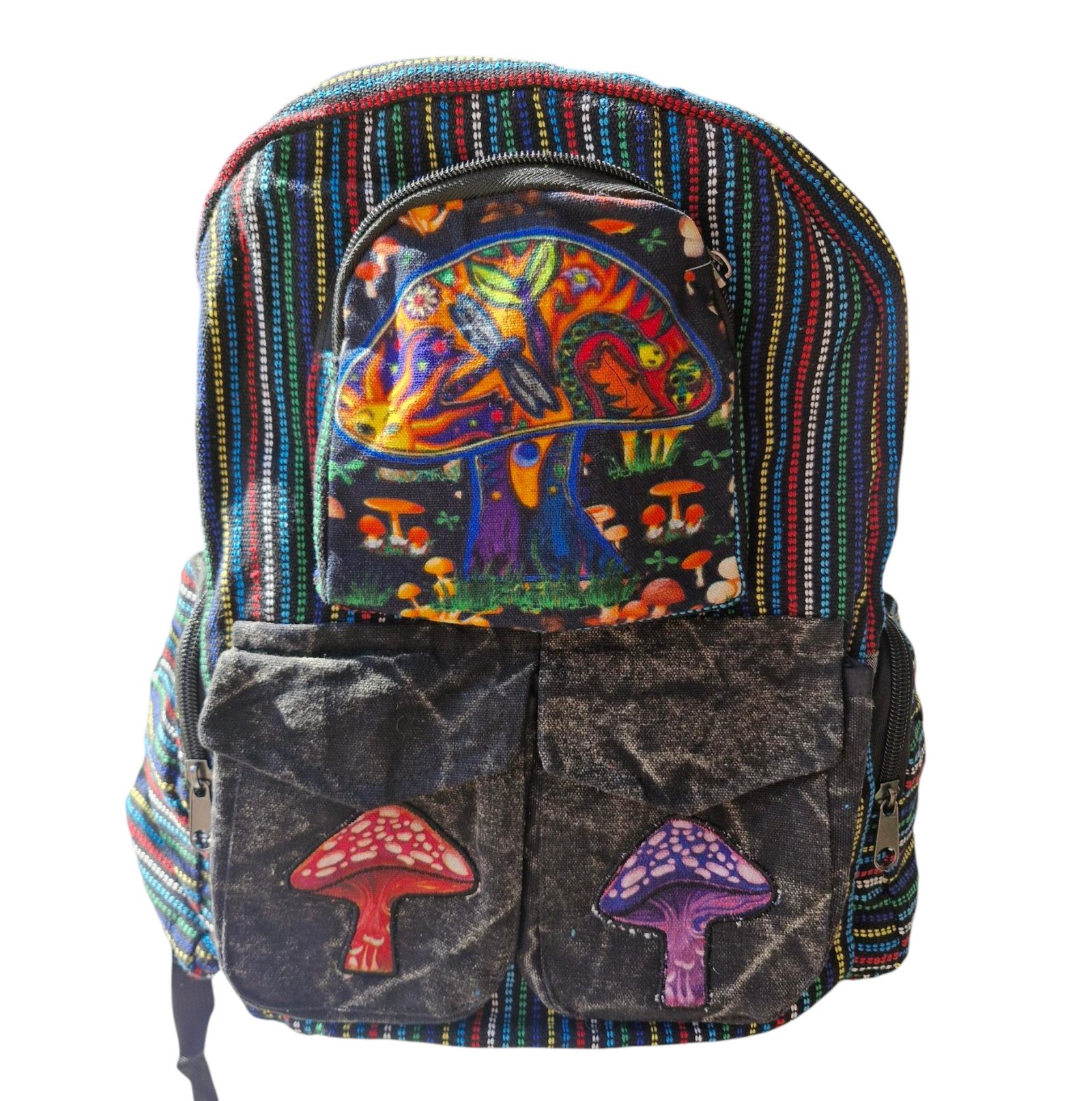 mushroom backpack fairtrade hippy print cotton hempmade Mushroom Print Hemp Backpack