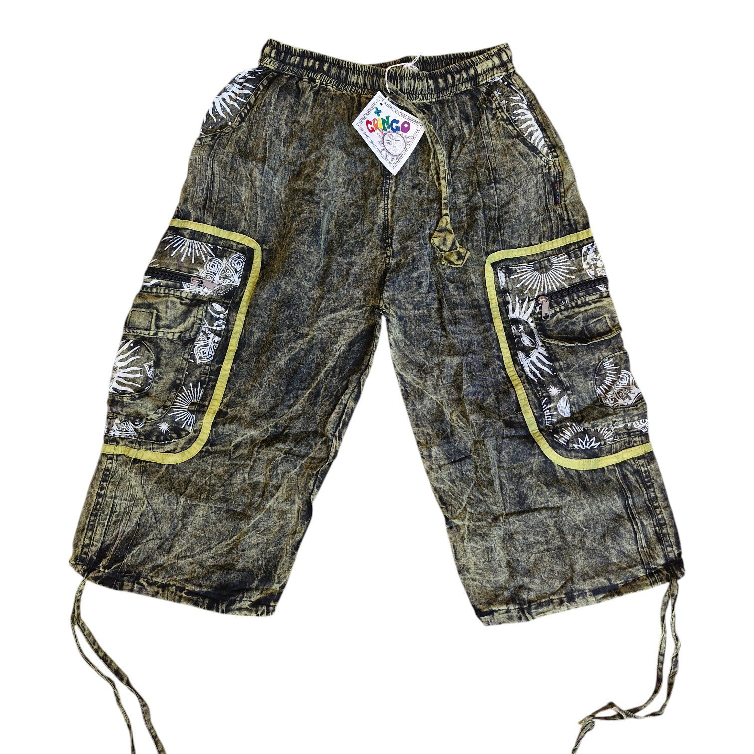 Stonewash Sun Print 3/4 Cargo Shorts Gringo Fairtrade Unisex Mens Festival Wear Gringo Stonewashed Sun Print 3/4 Cargo Shorts