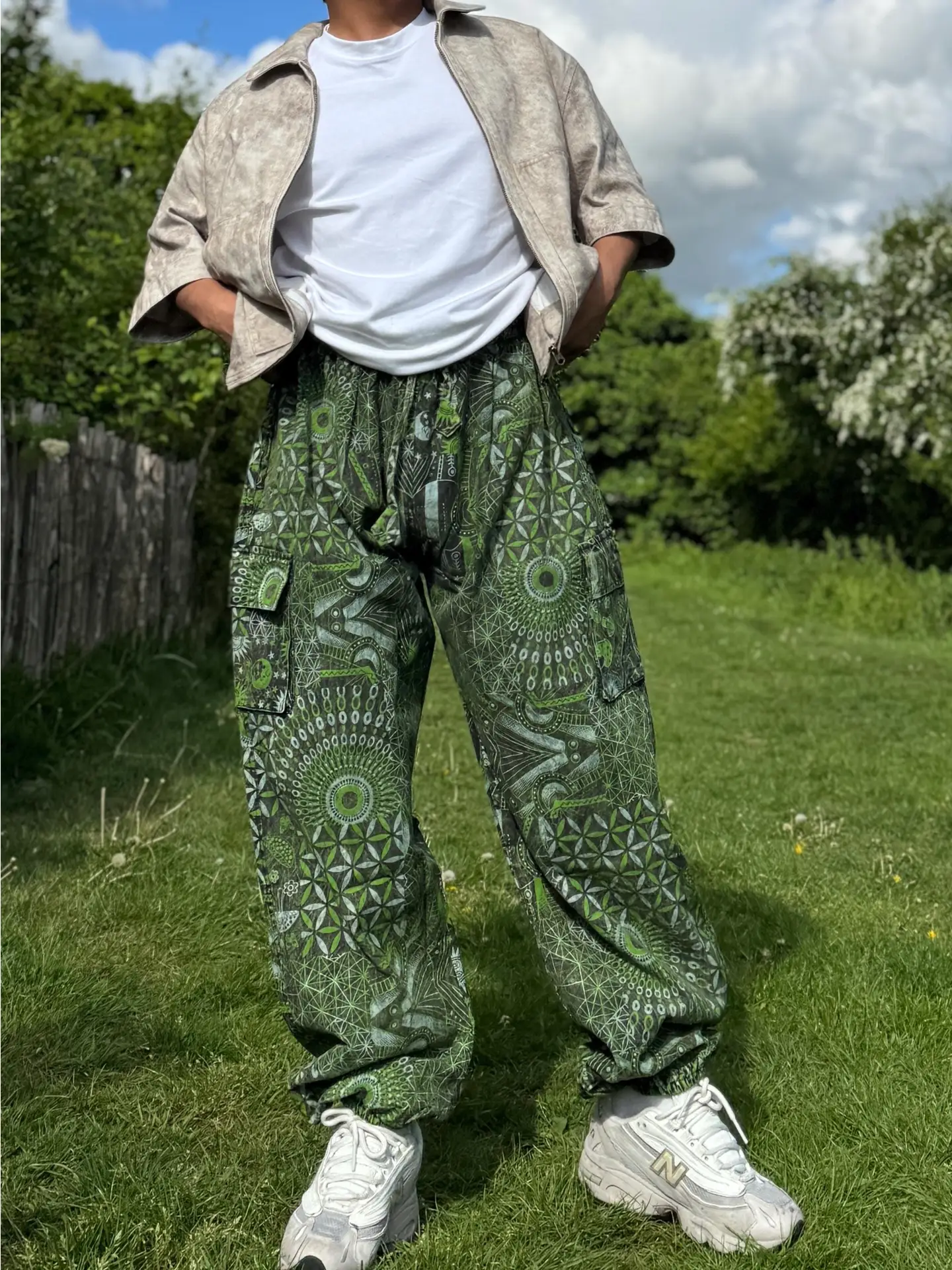 psychedic geometric mushroom print trousers hippy handmade fairtrade organic cotton boho festival wear unisex
