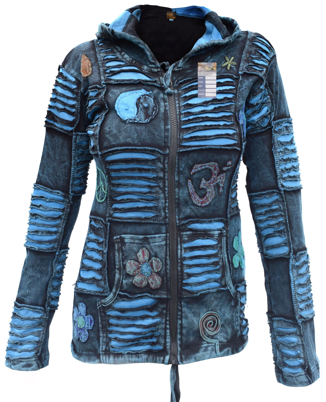Womens Blue Patchwork Hippie Hoodie Stonewashed Fairtrade Pixie Hood Cotton Emo