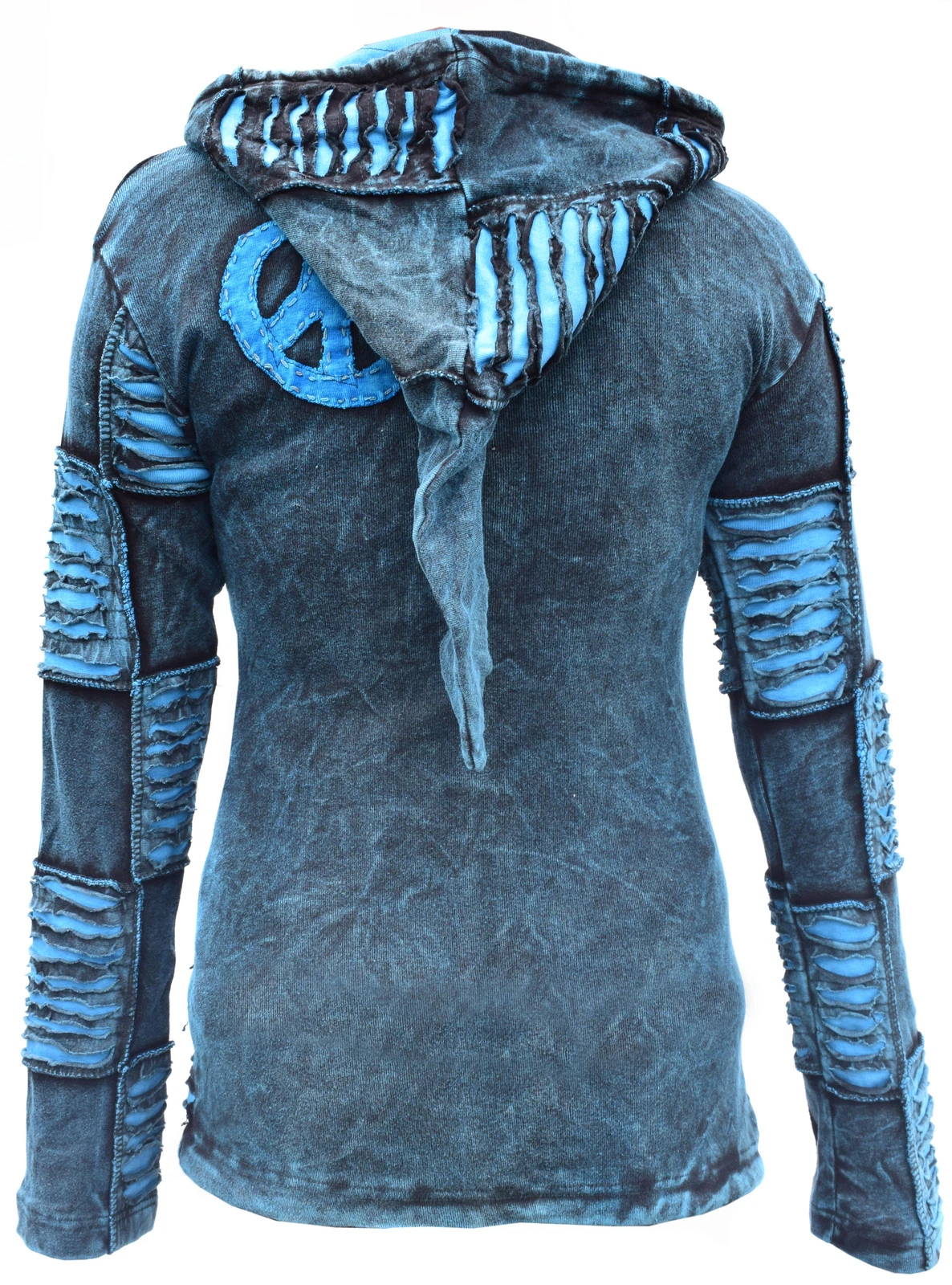 Womens Blue Patchwork Hippie Hoodie Stonewashed Fairtrade Pixie Hood Cotton Emo
