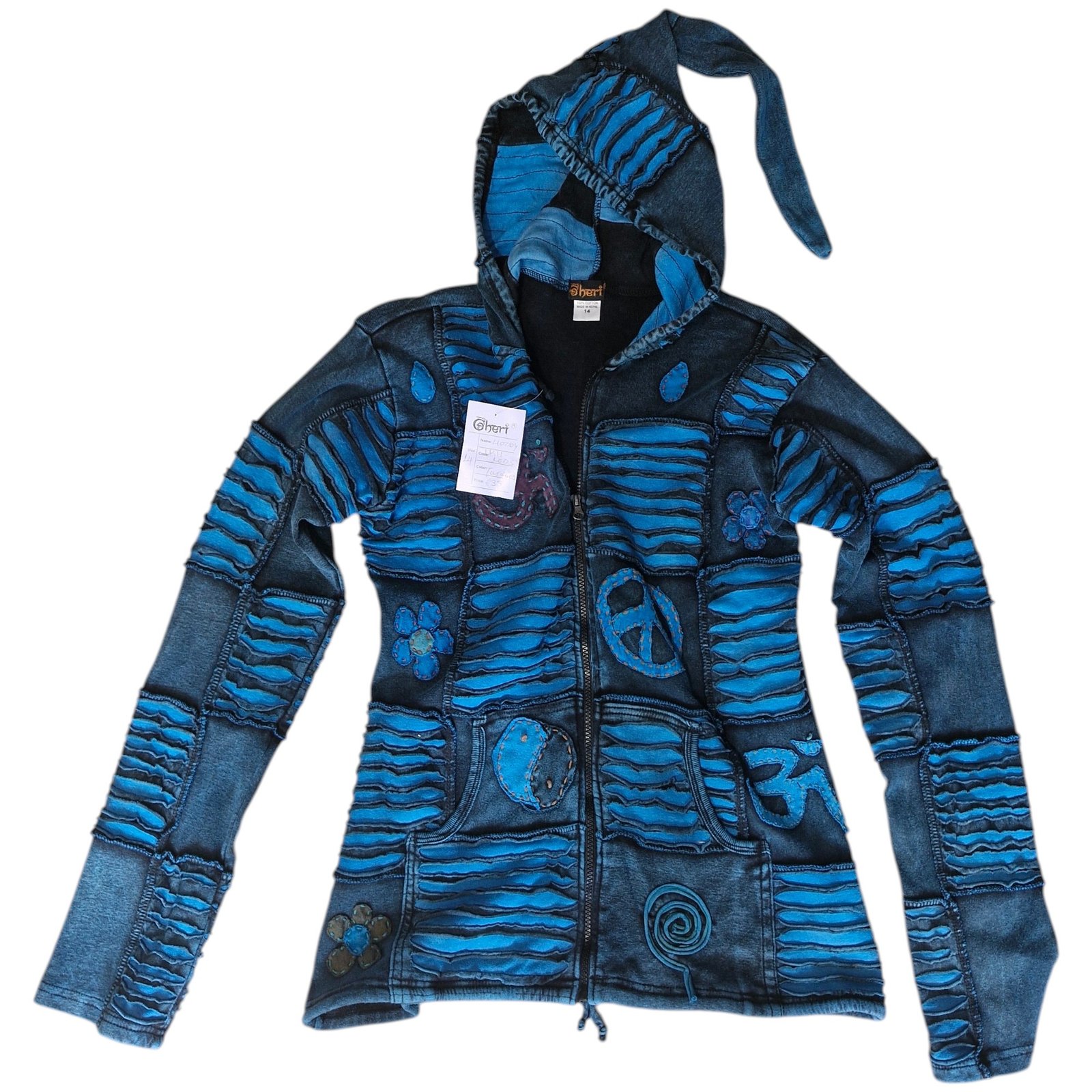 Womens Blue Patchwork Hippie Hoodie Stonewashed Fairtrade Pixie Hood Cotton Emo