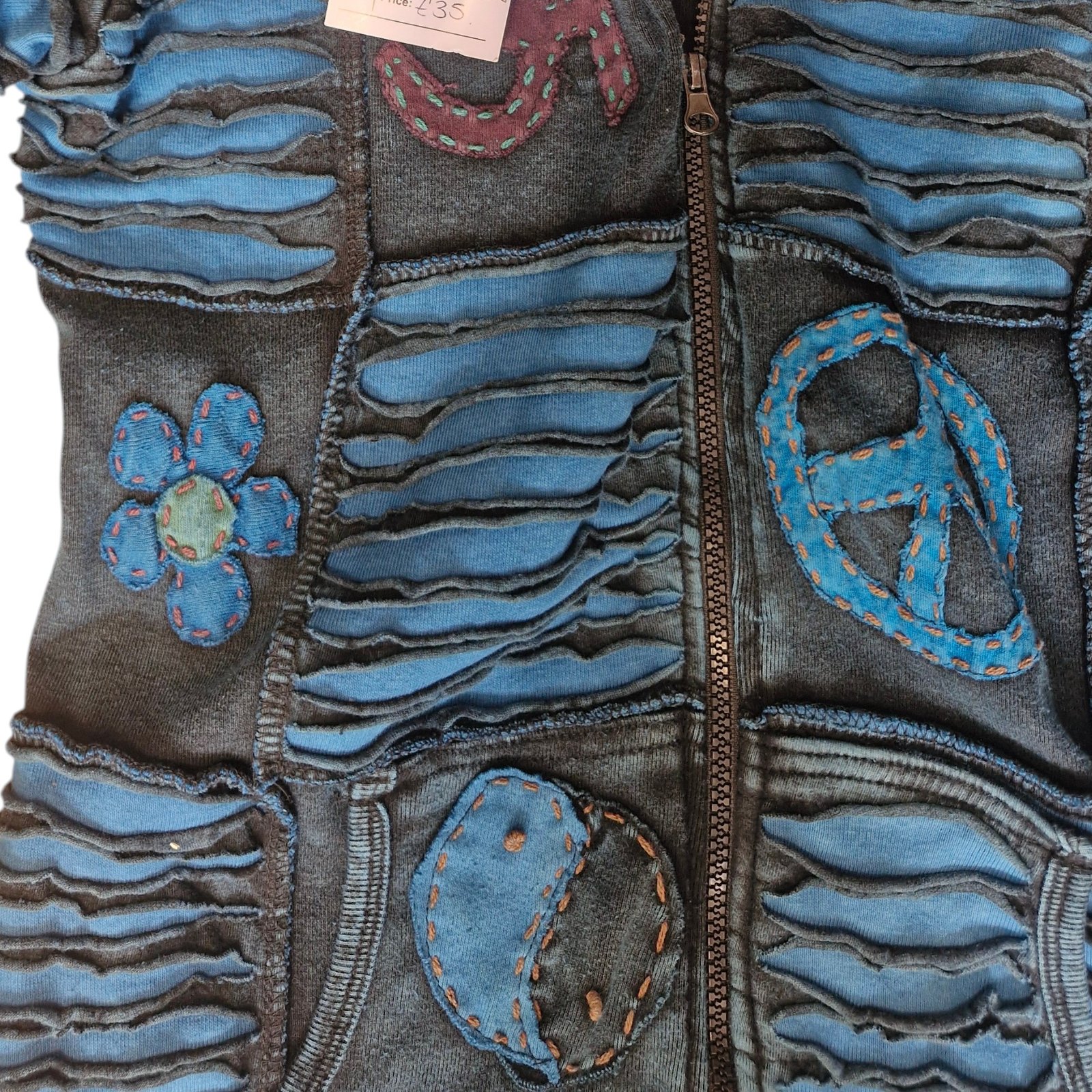 Womens Blue Patchwork Hippie Hoodie Stonewashed Fairtrade Pixie Hood Cotton Emo