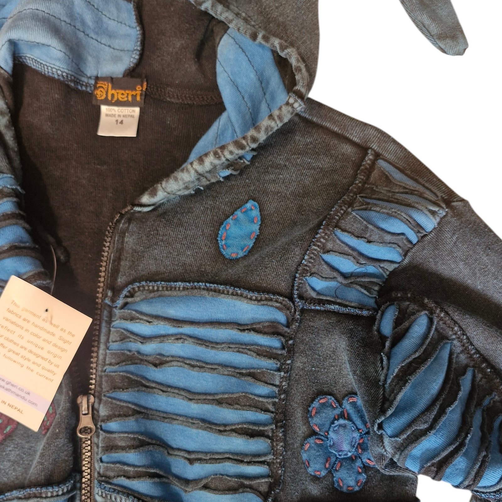 Womens Blue Patchwork Hippie Hoodie Stonewashed Fairtrade Pixie Hood Cotton Emo