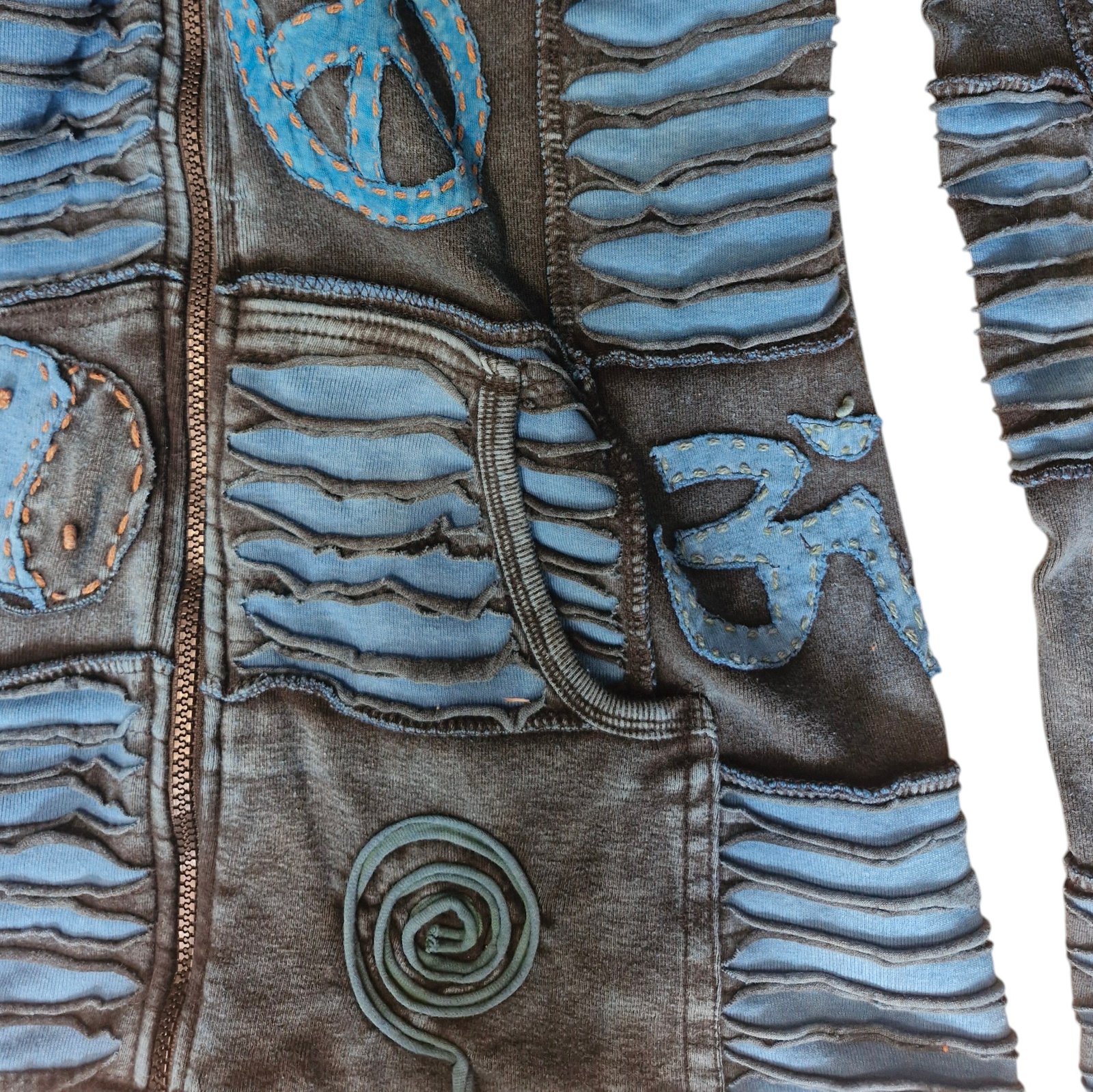 Womens Blue Patchwork Hippie Hoodie Stonewashed Fairtrade Pixie Hood Cotton Emo