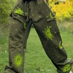 sun and moon print hippy trousers unisex cotton fairtrade handmade india boho festival wear