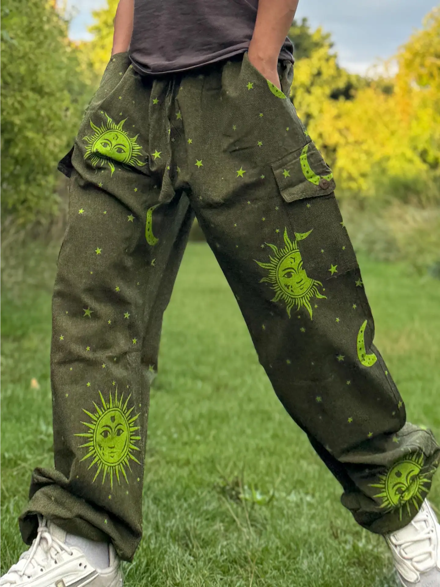 sun and moon print hippy trousers unisex cotton fairtrade handmade india boho festival wear