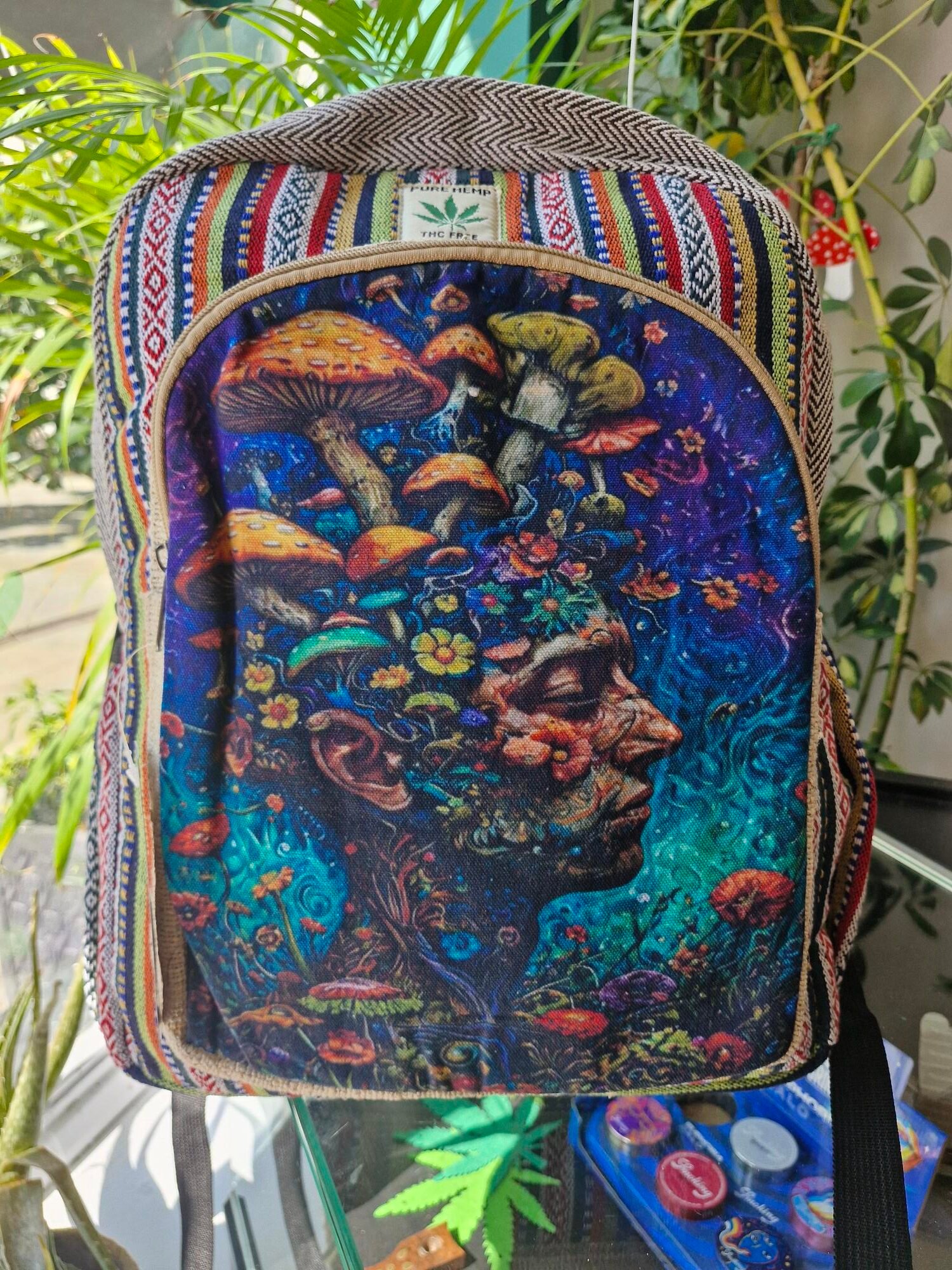 mushroom head trippy psychedelic hemp backpack rucksack fairtrade festival wear boho