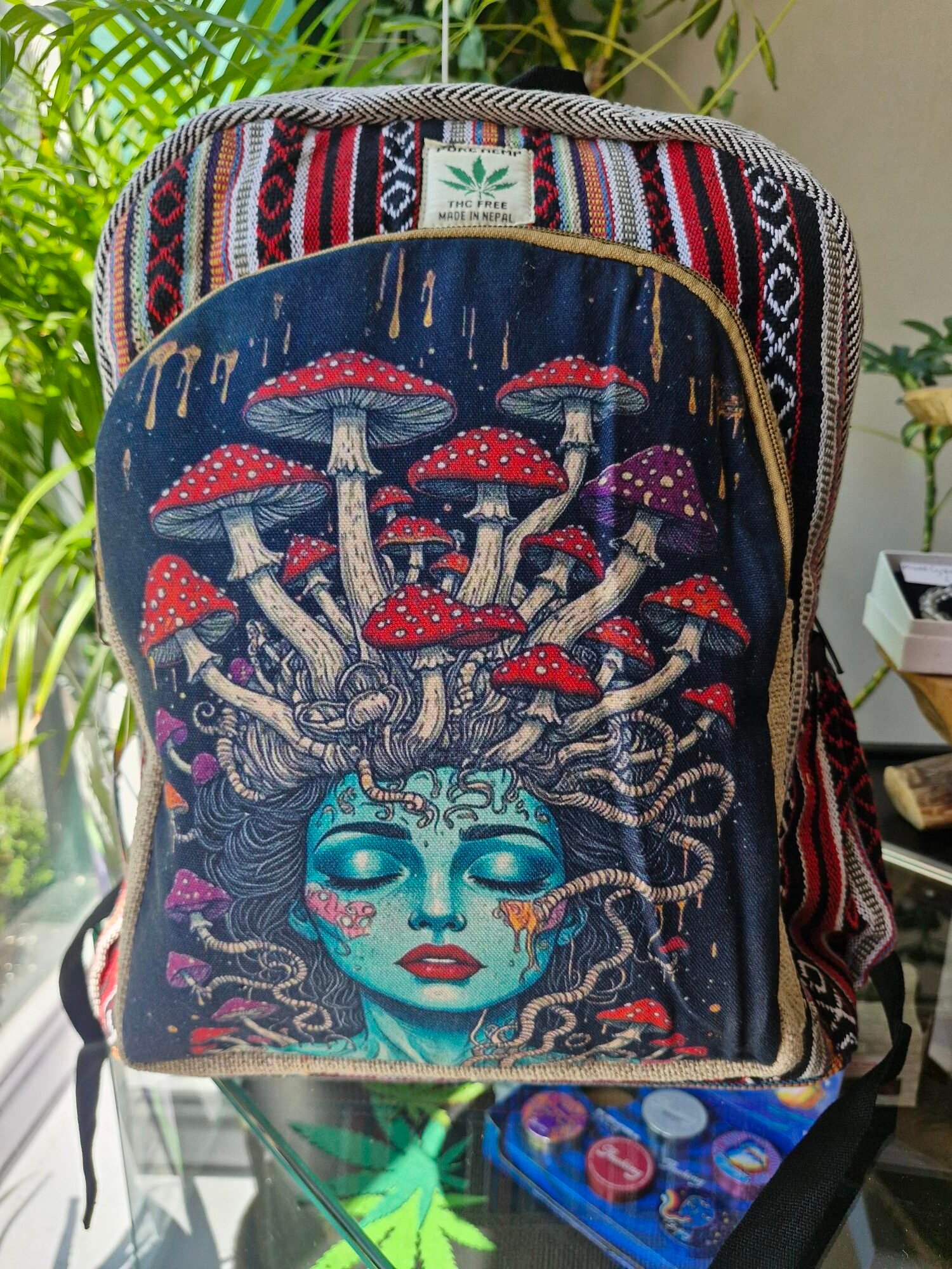 mushroom goddess hemp trippy hippy backpack rucksak goth emo festival wear boho fairtrade