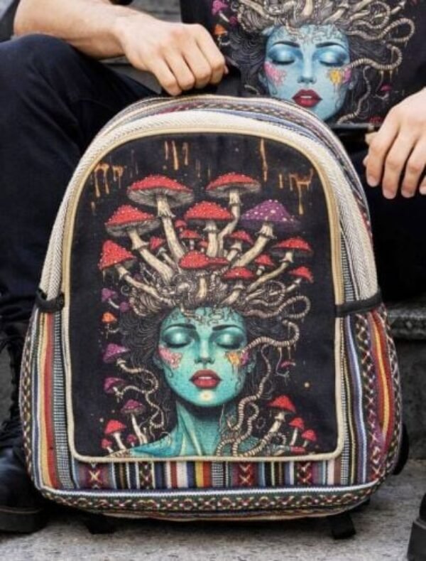 mushroom goddess hemp trippy hippy backpack rucksak goth emo festival wear boho fairtrade