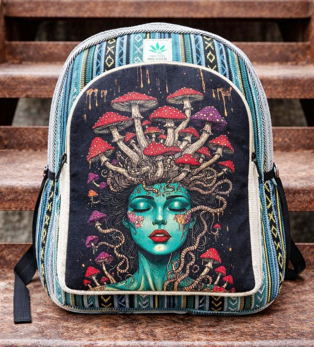 mushroom goddess hemp trippy hippy backpack rucksak goth emo festival wear boho fairtrade