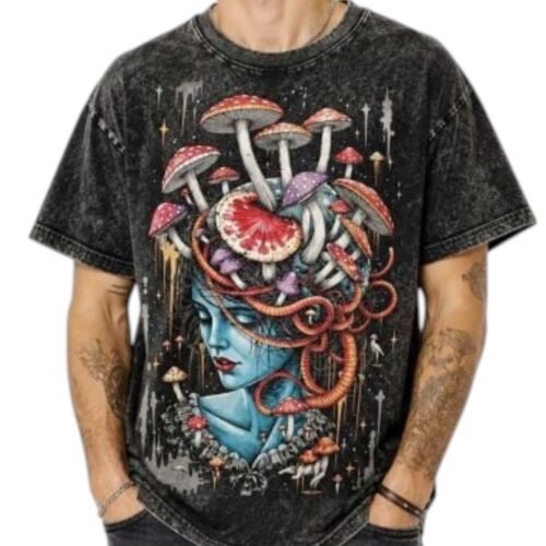Psychedelic Mushroom Head Cotton Tshirt Emo Goth Trippy Alternative Unisex Hippy Psychedelic Mushroom Head Tshirt