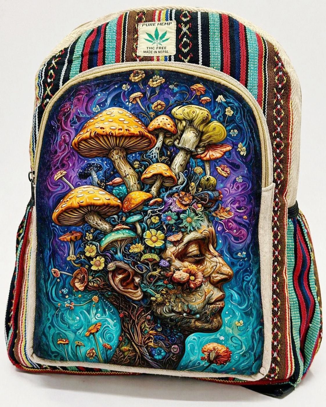 mushroom goddess hemp trippy hippy backpack rucksak goth emo festival wear boho fairtrade