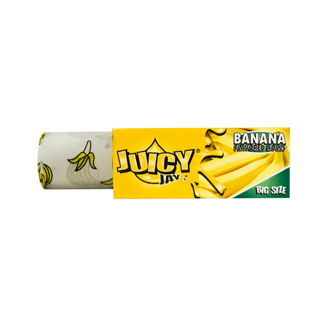 Juicy Jay's banana flavoured 5 metre hemp rolling paper roll in its yellow box