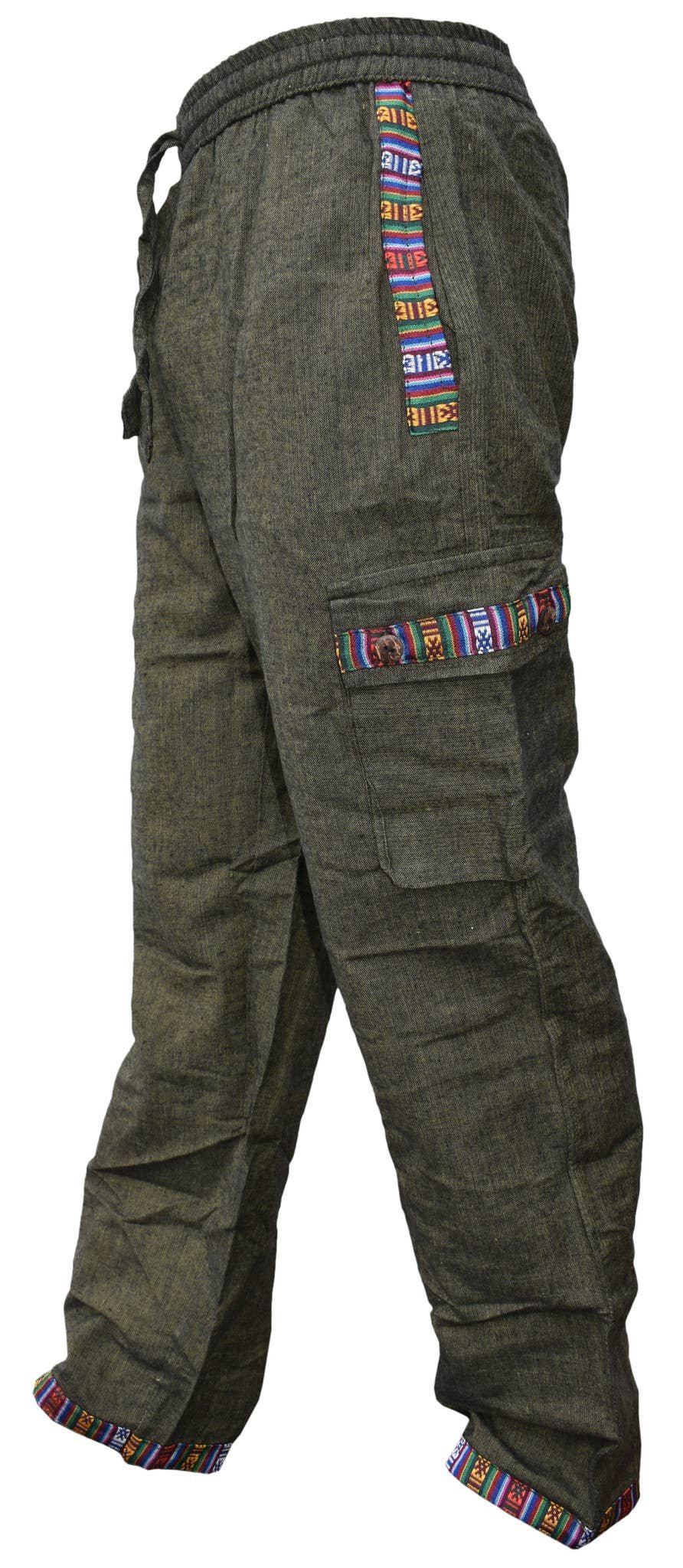 Side view of olive green cotton aztec border cargo trousers showing the thigh pocket with multicoloured aztec trim