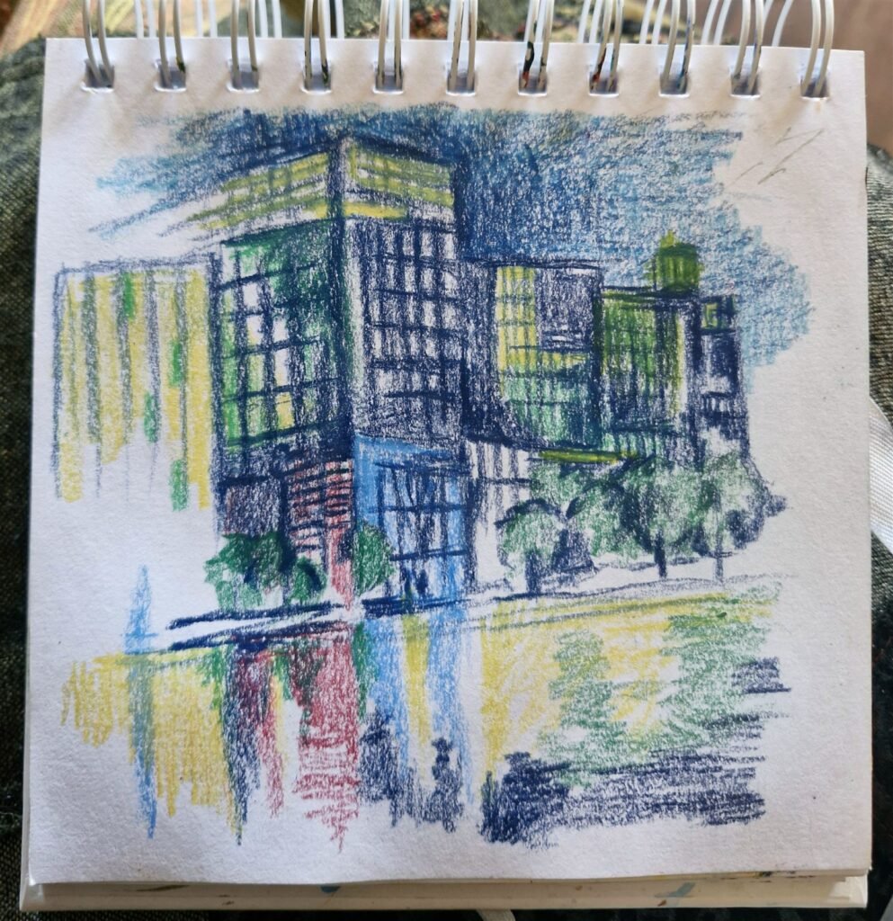 Kelly Noble crayon sketch of Amsterdam buildings reflected in the water