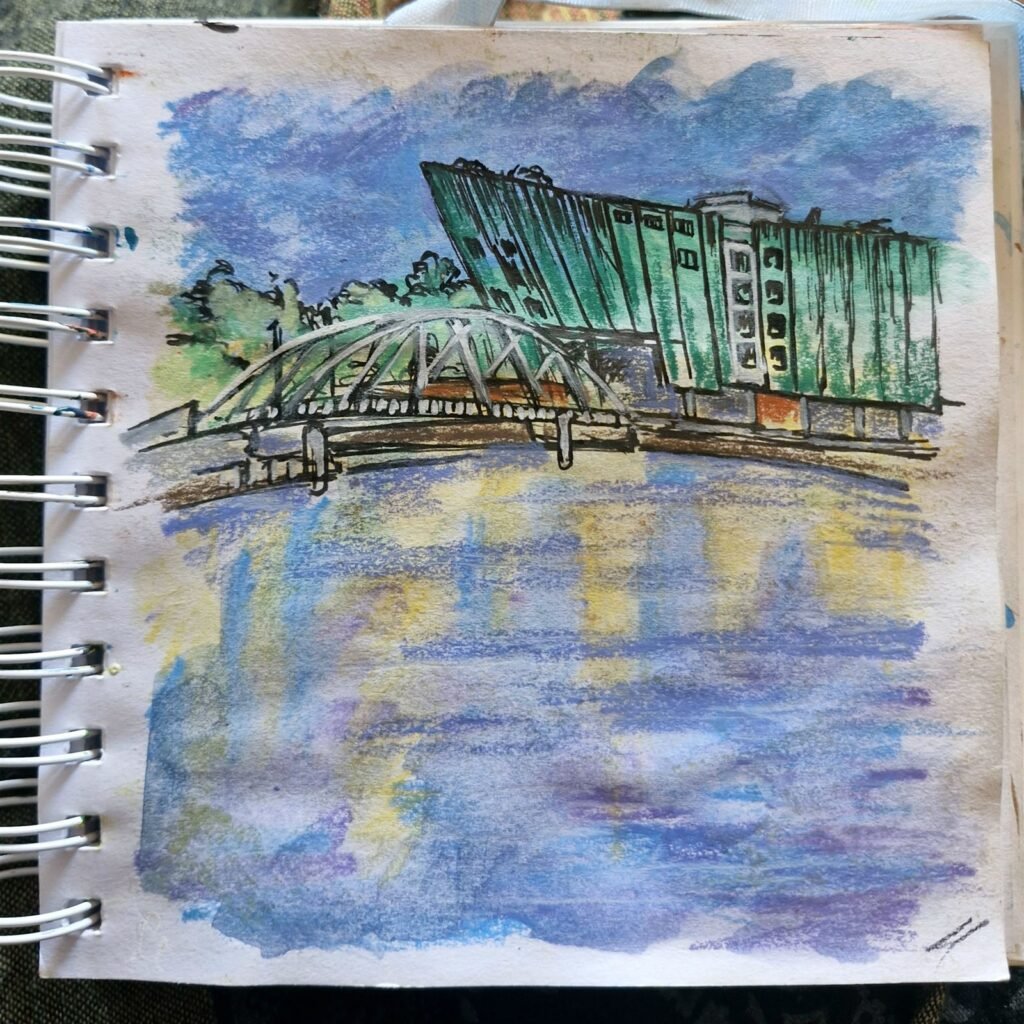 Kelly Noble sketchbook drawing of the NEMO Science Museum and bridge, Amsterdam