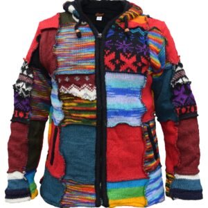 Patchwork knitted wool jacket, front view, made from red, blue, rainbow-striped and snowflake-patterned knitted patches with a black zip