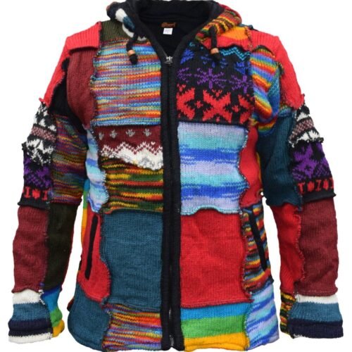 Patchwork Knitted Jacket front Patchwork Fleecelined Woollen Hippy Jacket