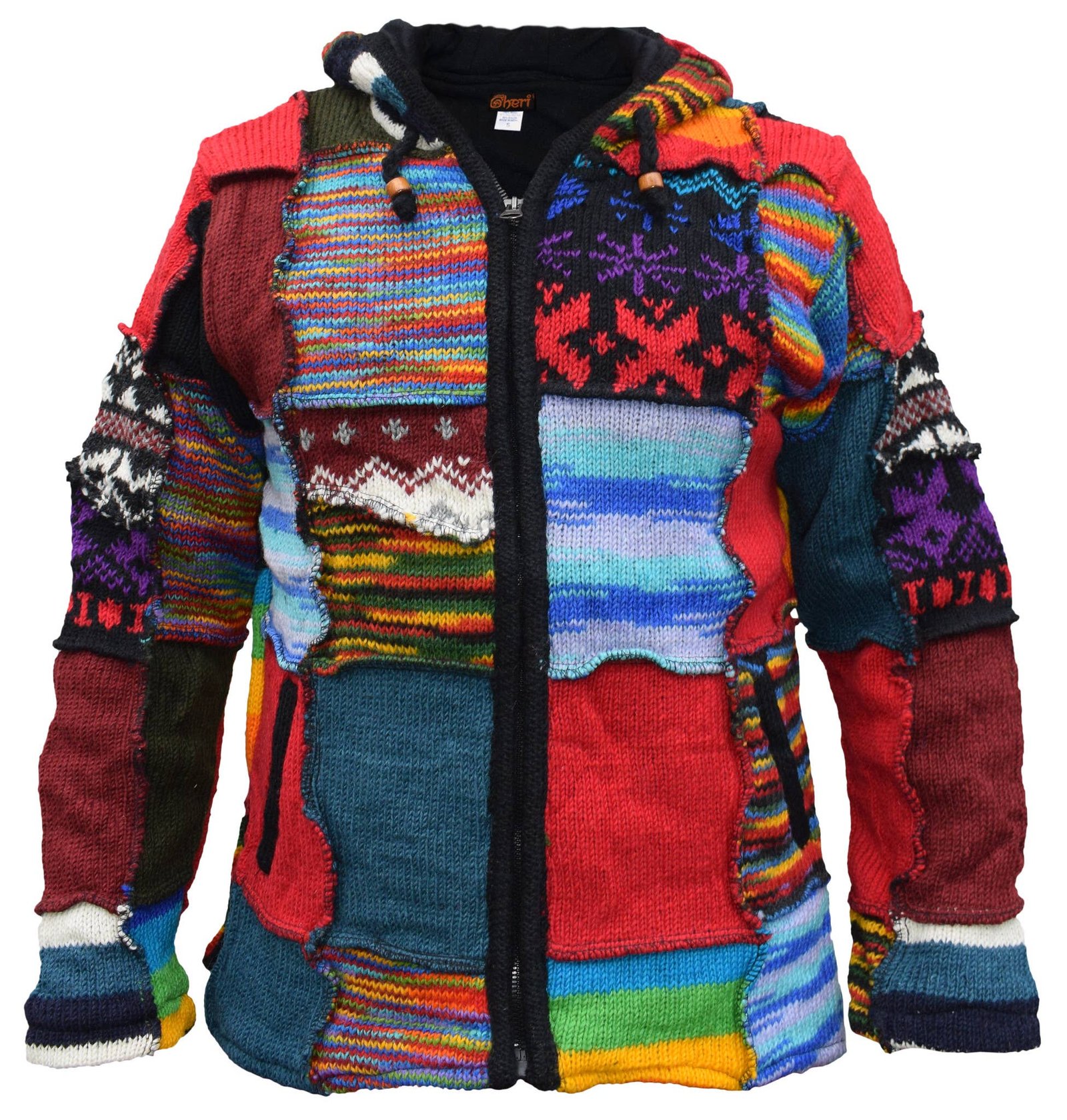 Patchwork Knitted Jacket front Patchwork Fleecelined Woollen Hippy Jacket