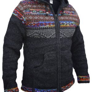Charcoal wool snowflake knitted jacket, zipped, with a brown fair isle yoke and rainbow knit cuffs and hem