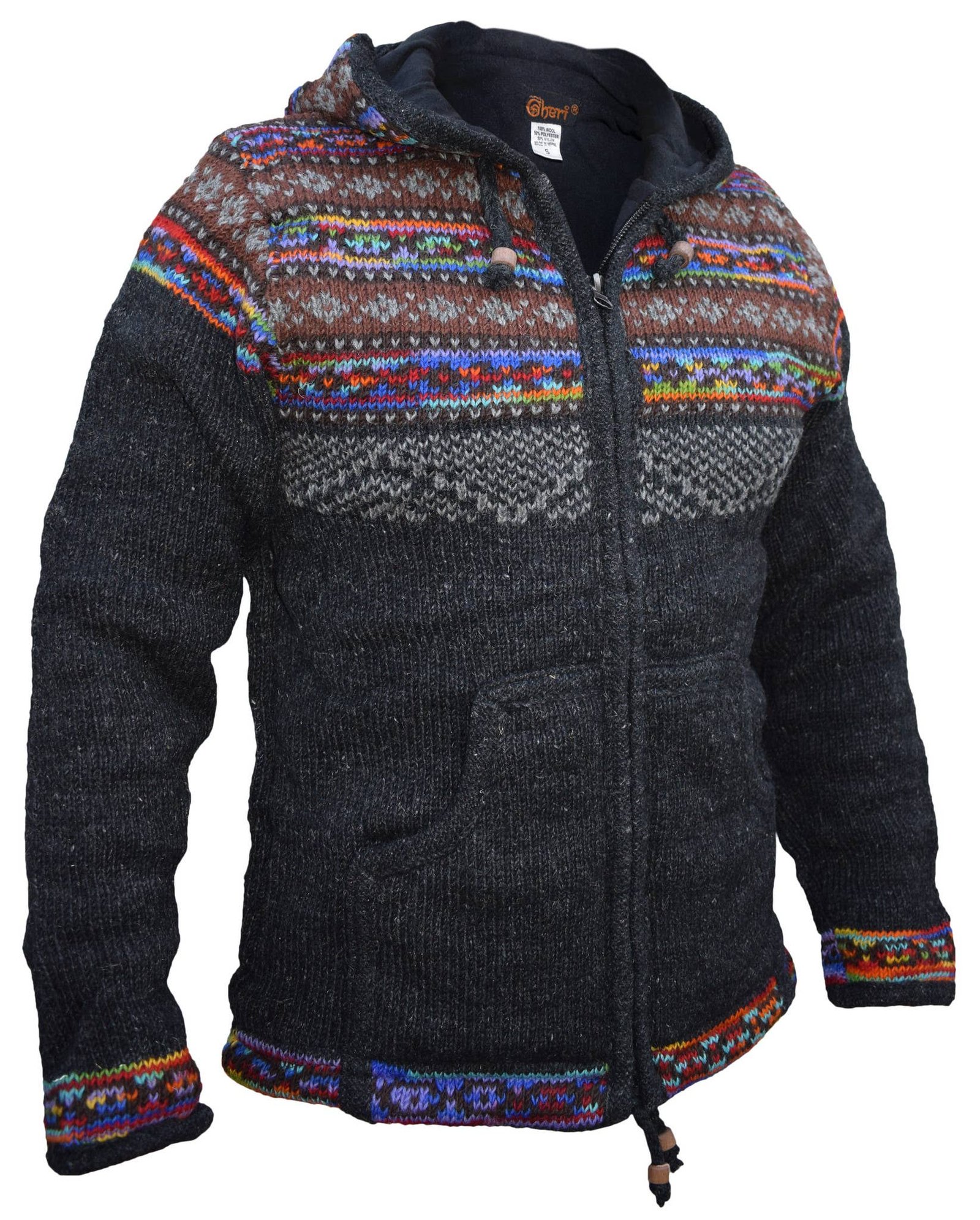 Charcoal wool snowflake knitted jacket, zipped, with a brown fair isle yoke and rainbow knit cuffs and hem