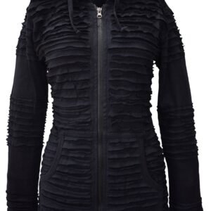 Womens black razorcut pixie hoodie, front view, with layered raw-edge ruffles across the body and a full zip