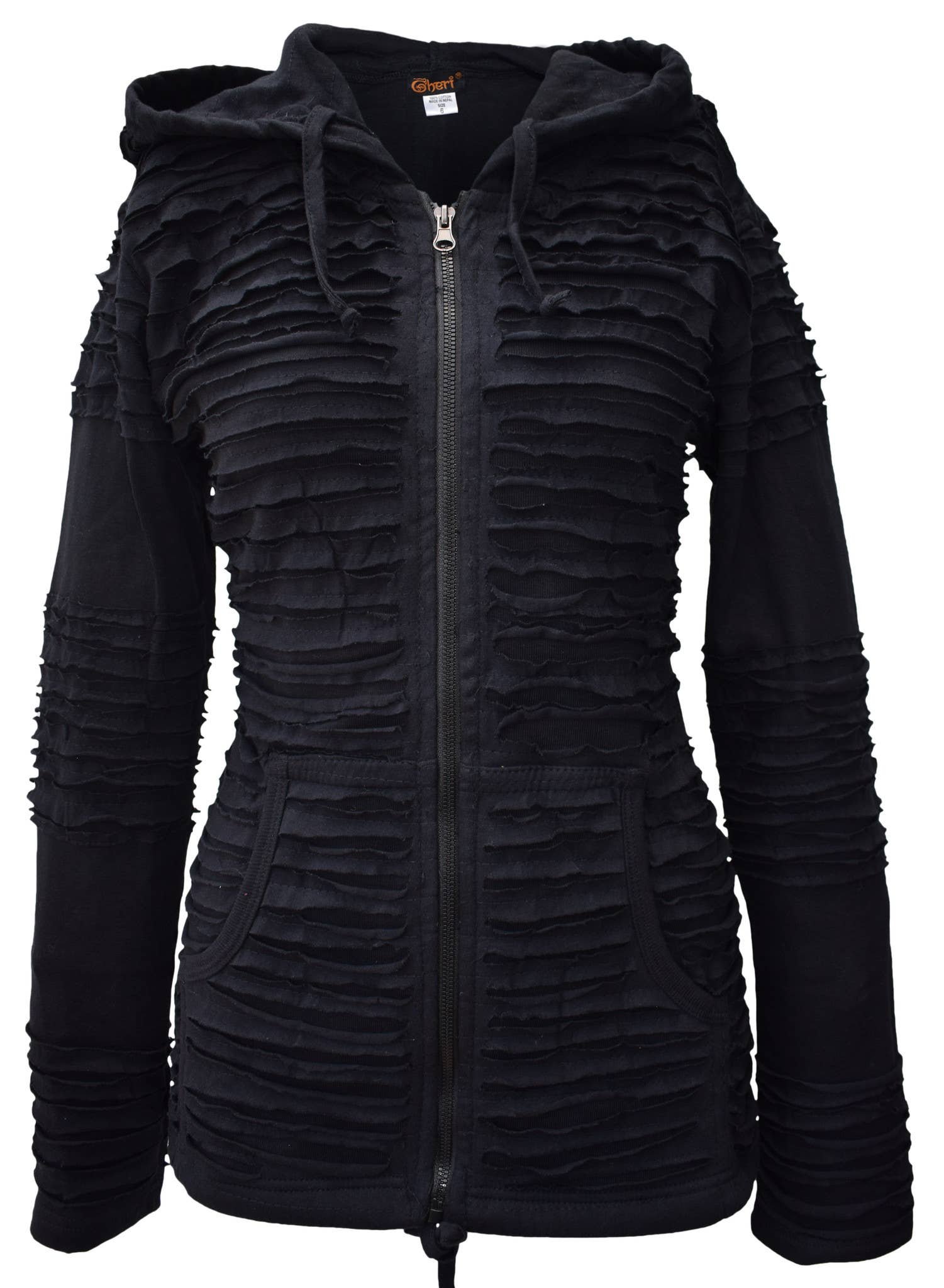 Womens black razorcut pixie hoodie, front view, with layered raw-edge ruffles across the body and a full zip